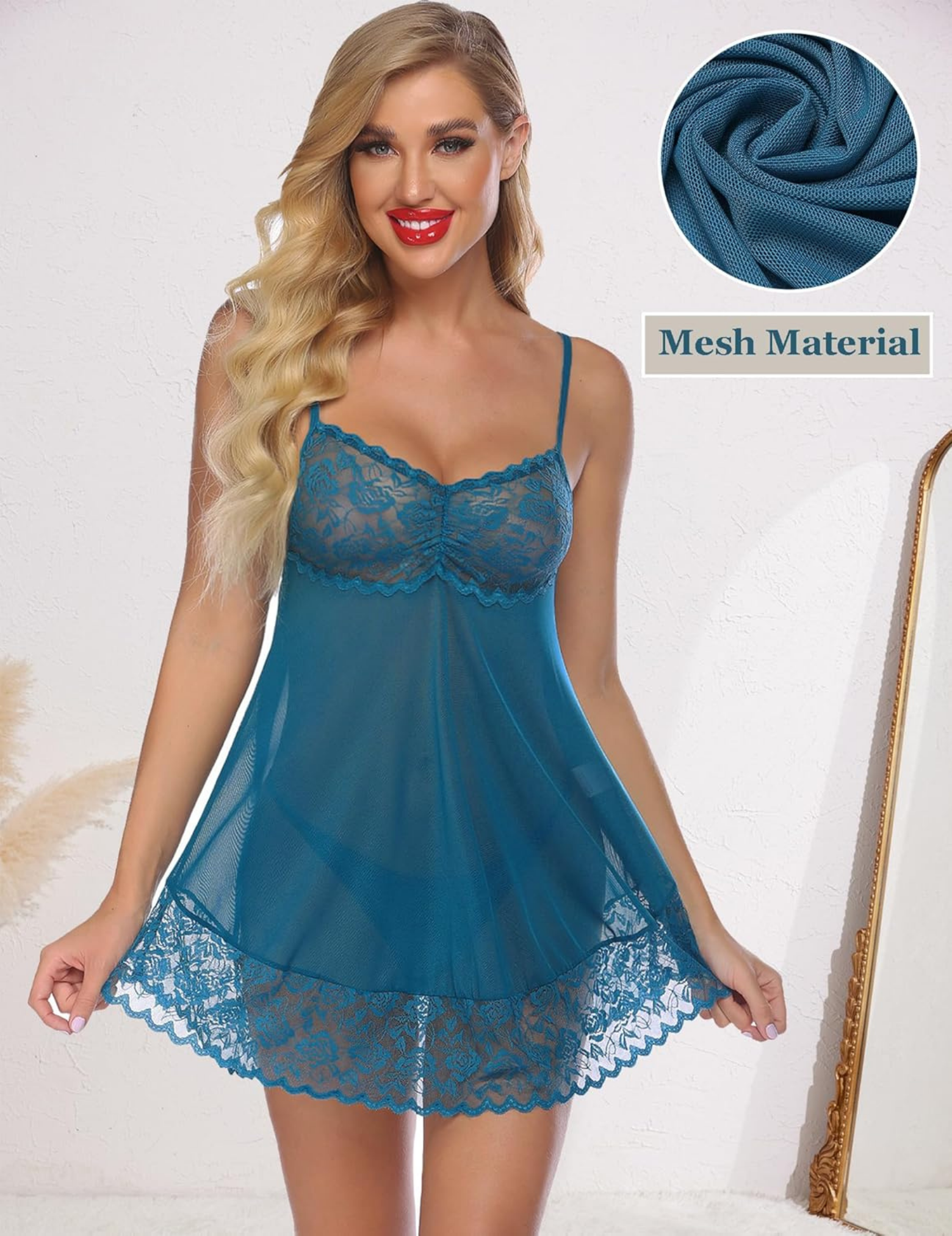 Elegant Black Lace Chemise, Sheer Mesh Babydoll Nightwear with Floral Lace Trim