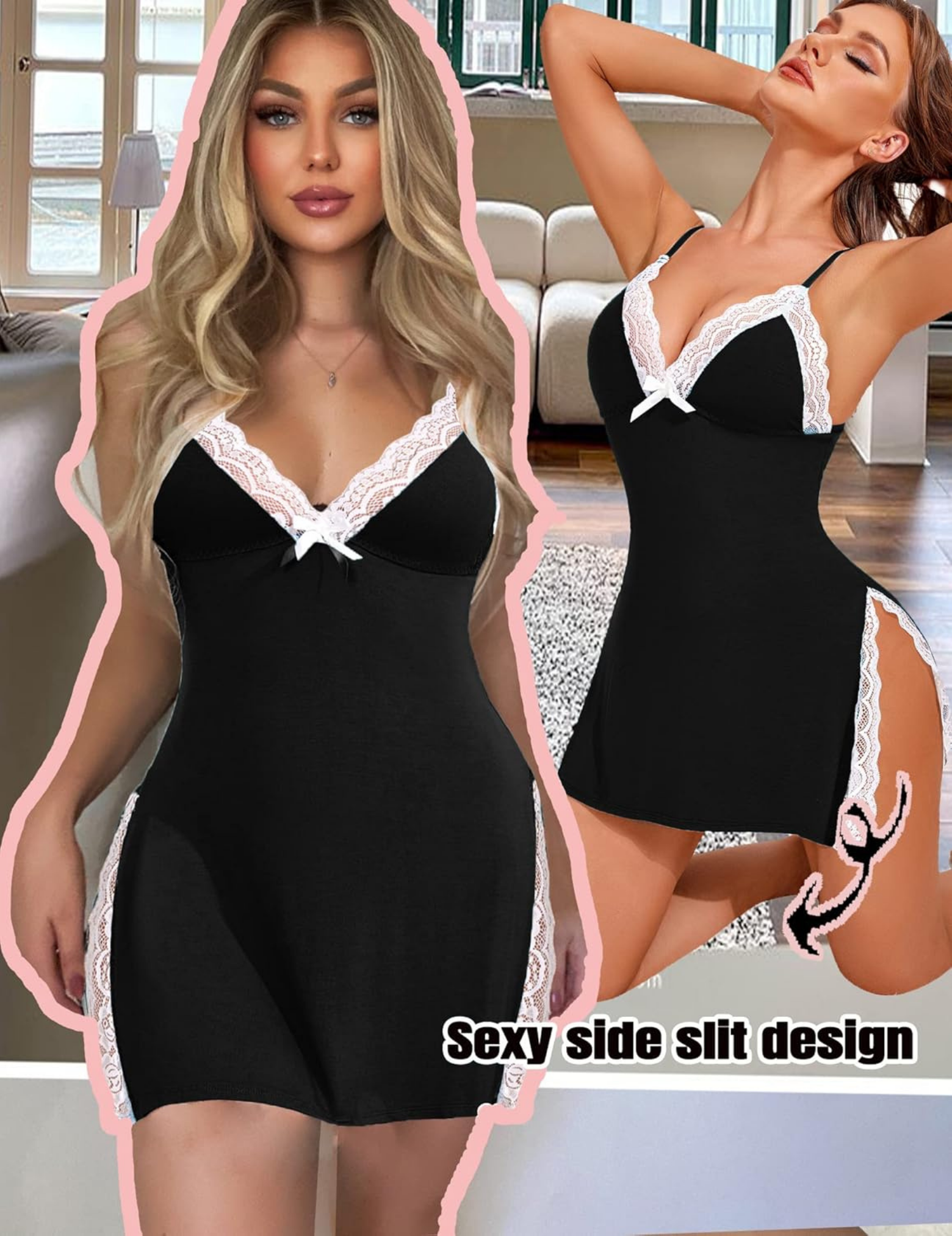 Elegant Chemise Nightdress, Black with White Lace Trim, Spaghetti Strap, Side Slit Design