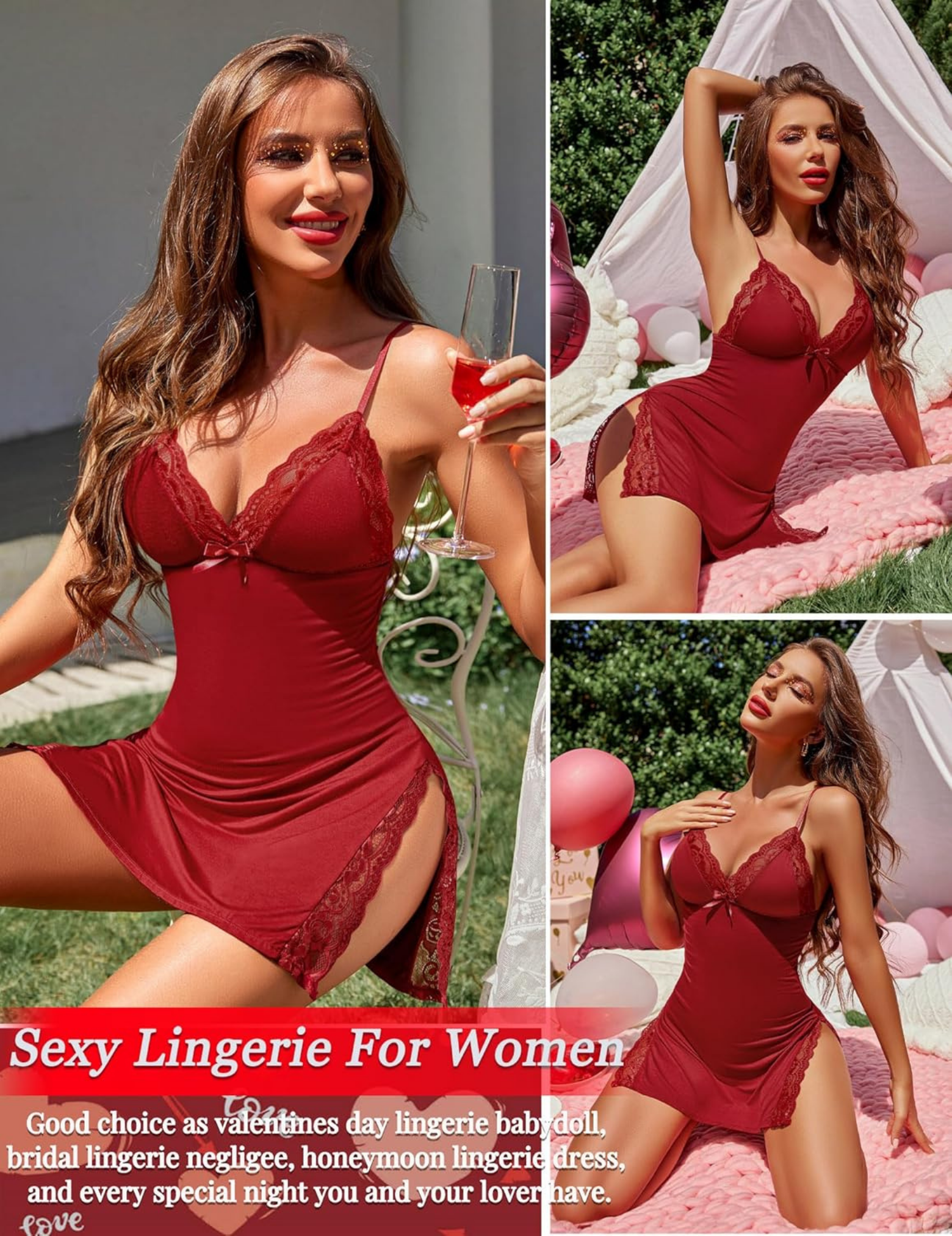 Elegant Chemise Nightdress, Black with White Lace Trim, Spaghetti Strap, Side Slit Design
