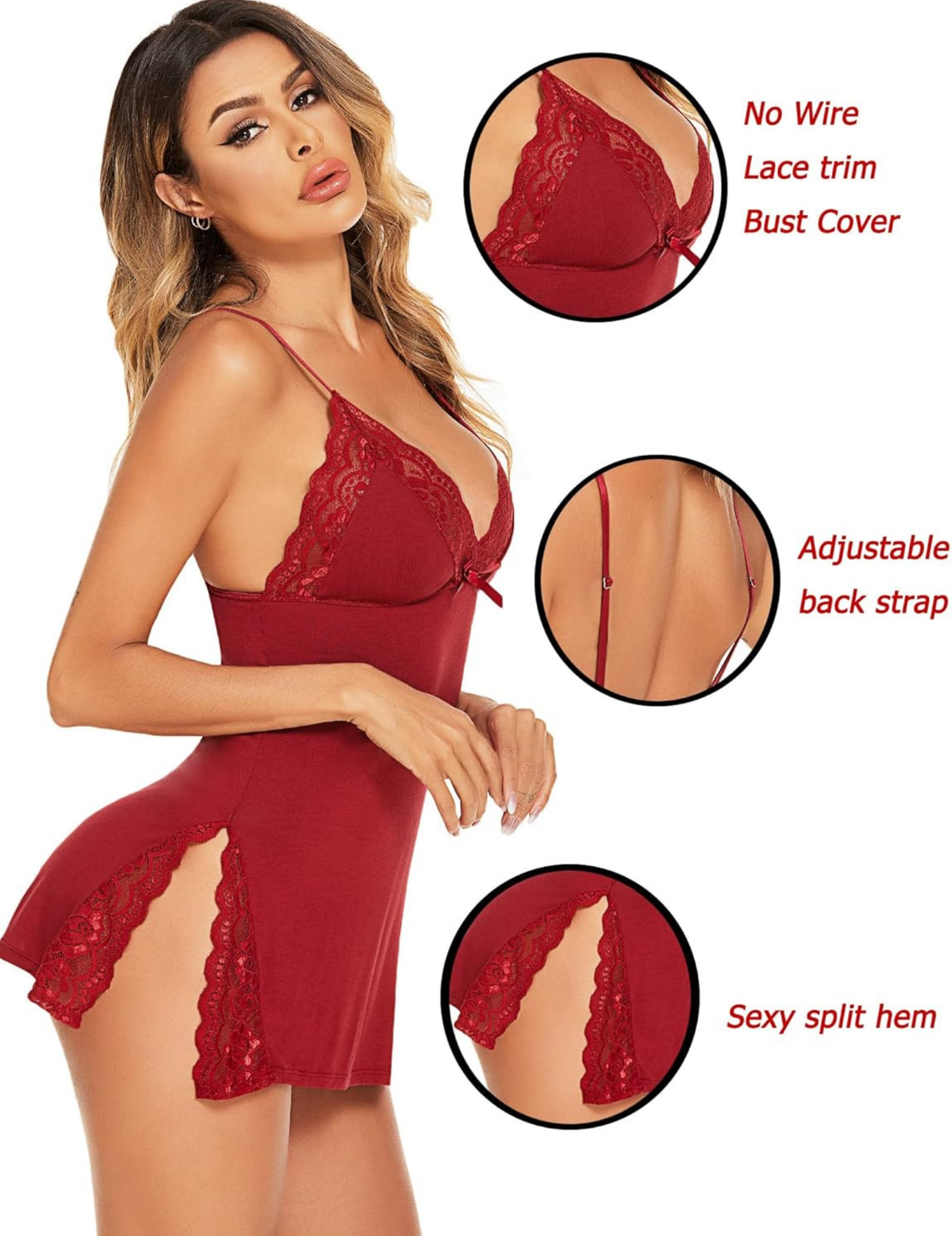 Elegant Chemise Nightdress, Black with White Lace Trim, Spaghetti Strap, Side Slit Design
