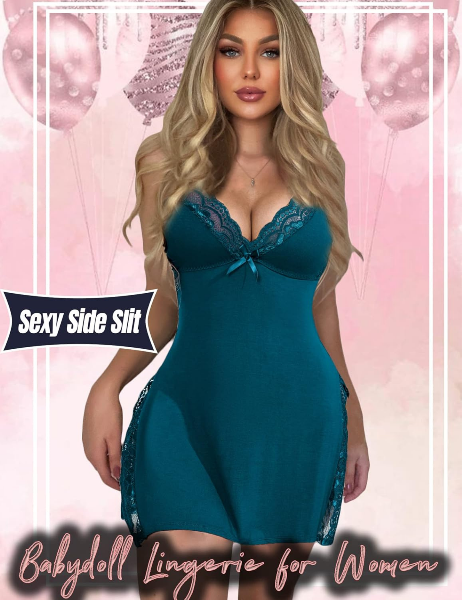 Elegant Chemise Nightdress, Black with White Lace Trim, Spaghetti Strap, Side Slit Design