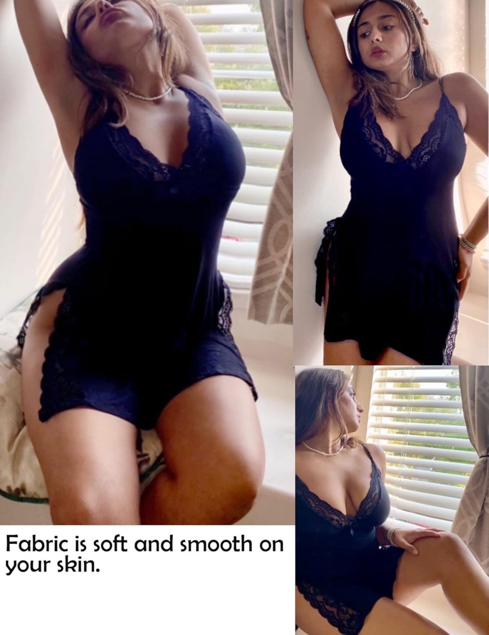 Elegant Chemise Nightdress, Black with White Lace Trim, Spaghetti Strap, Side Slit Design