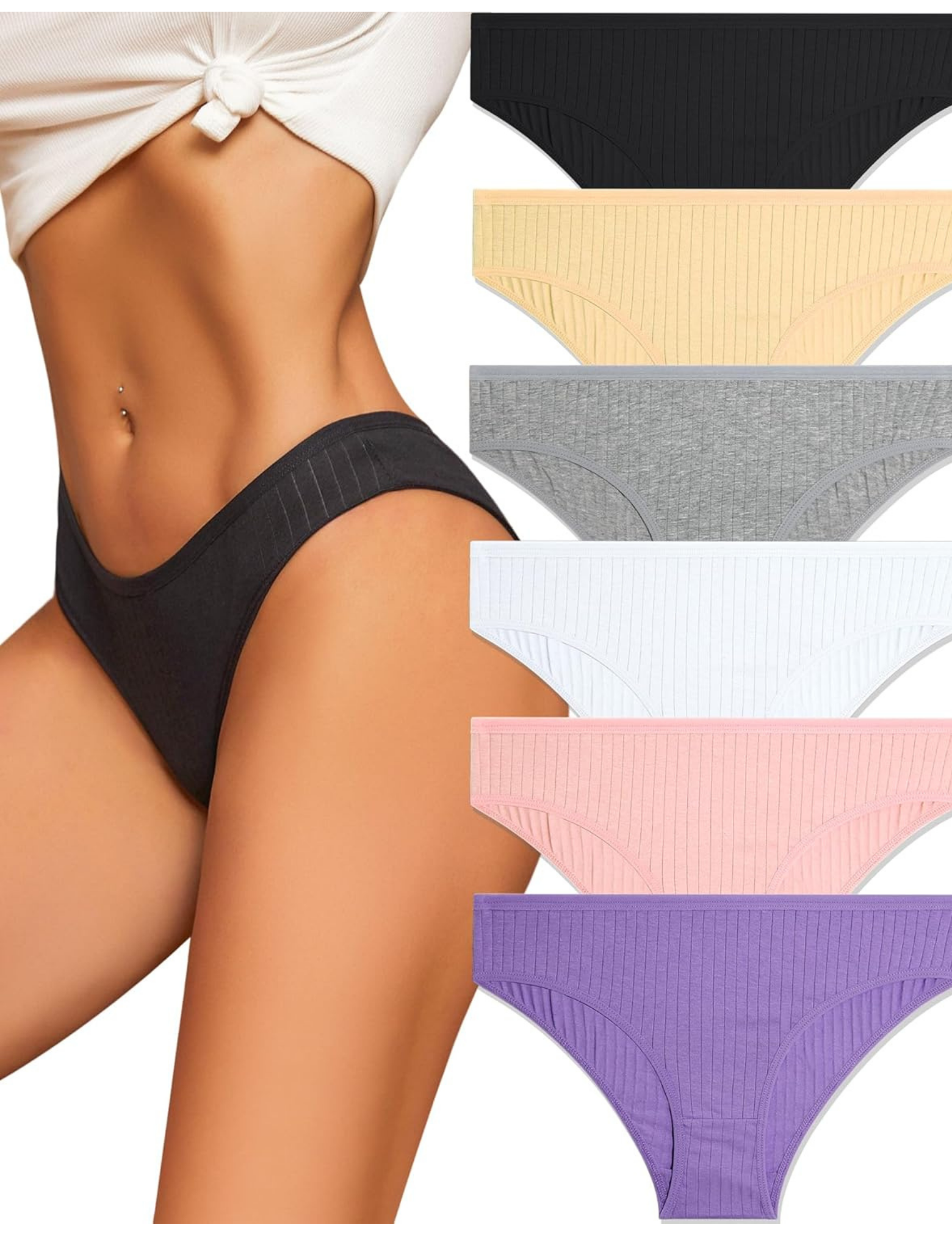 Women's Ribbed Cotton Hipster Panties, Pack of 6, Assorted Colors