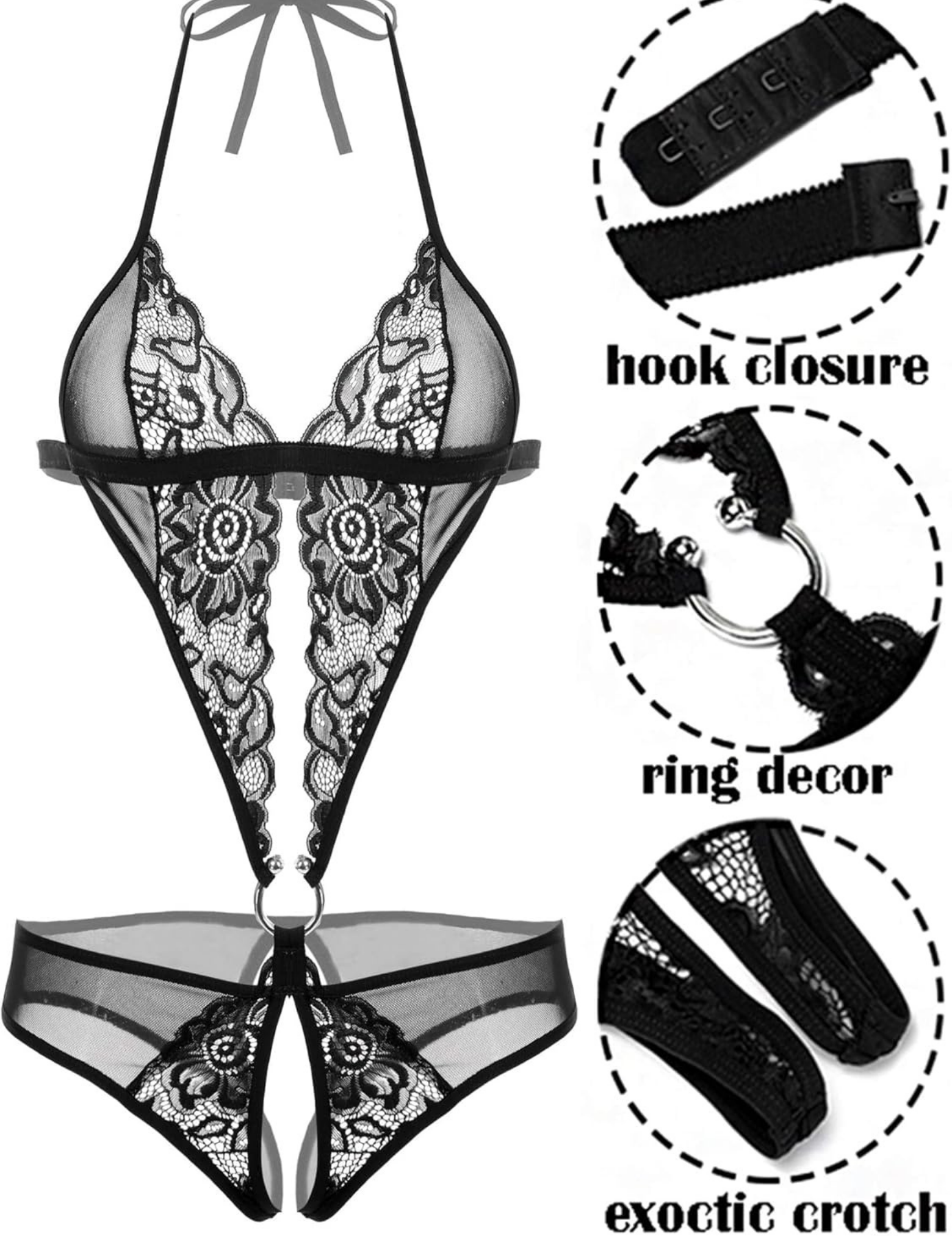 Women's Black Lace Halter Teddy Lingerie Set with Ring Detail, Bridal Honeymoon Collection