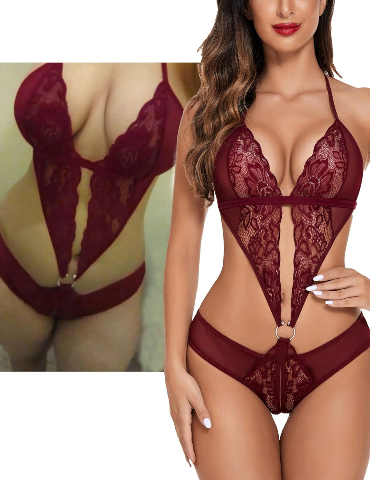 Women's Black Lace Halter Teddy Lingerie Set with Ring Detail, Bridal Honeymoon Collection