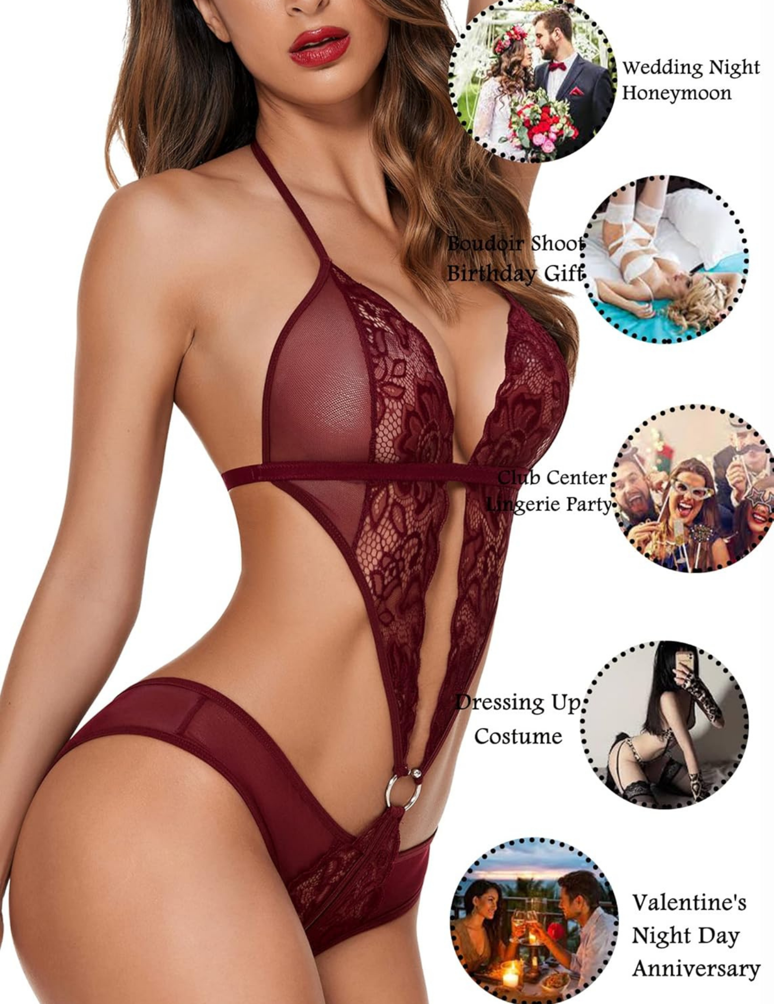 Women's Black Lace Halter Teddy Lingerie Set with Ring Detail, Bridal Honeymoon Collection