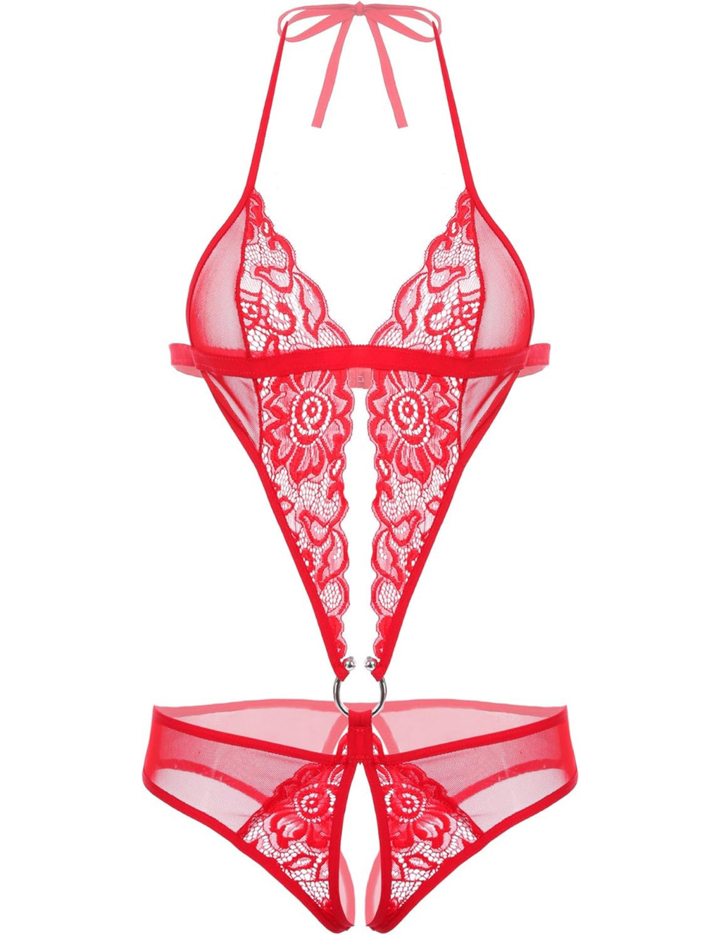 Women's Black Lace Halter Teddy Lingerie Set with Ring Detail, Bridal Honeymoon Collection