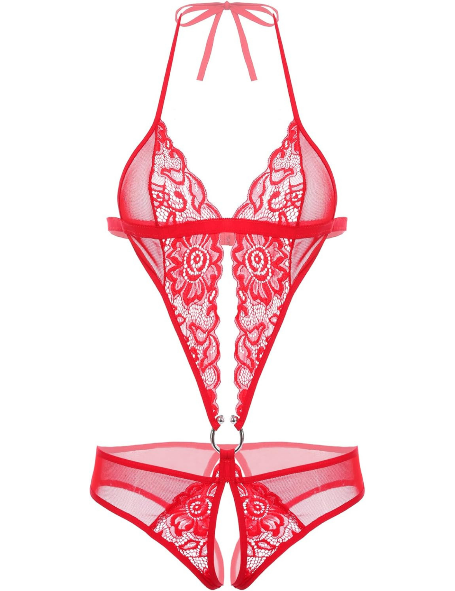 Women's Black Lace Halter Teddy Lingerie Set with Ring Detail, Bridal Honeymoon Collection