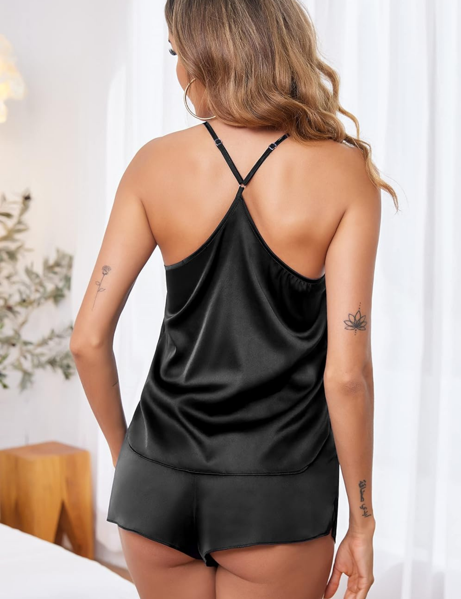 Women's Satin Shorts Set, Cami Top with Shorts, Adjustable Straps
