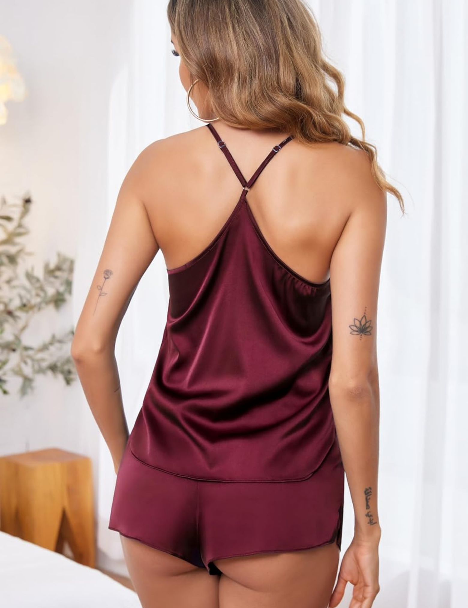 Women's Satin Shorts Set, Cami Top with Shorts, Adjustable Straps