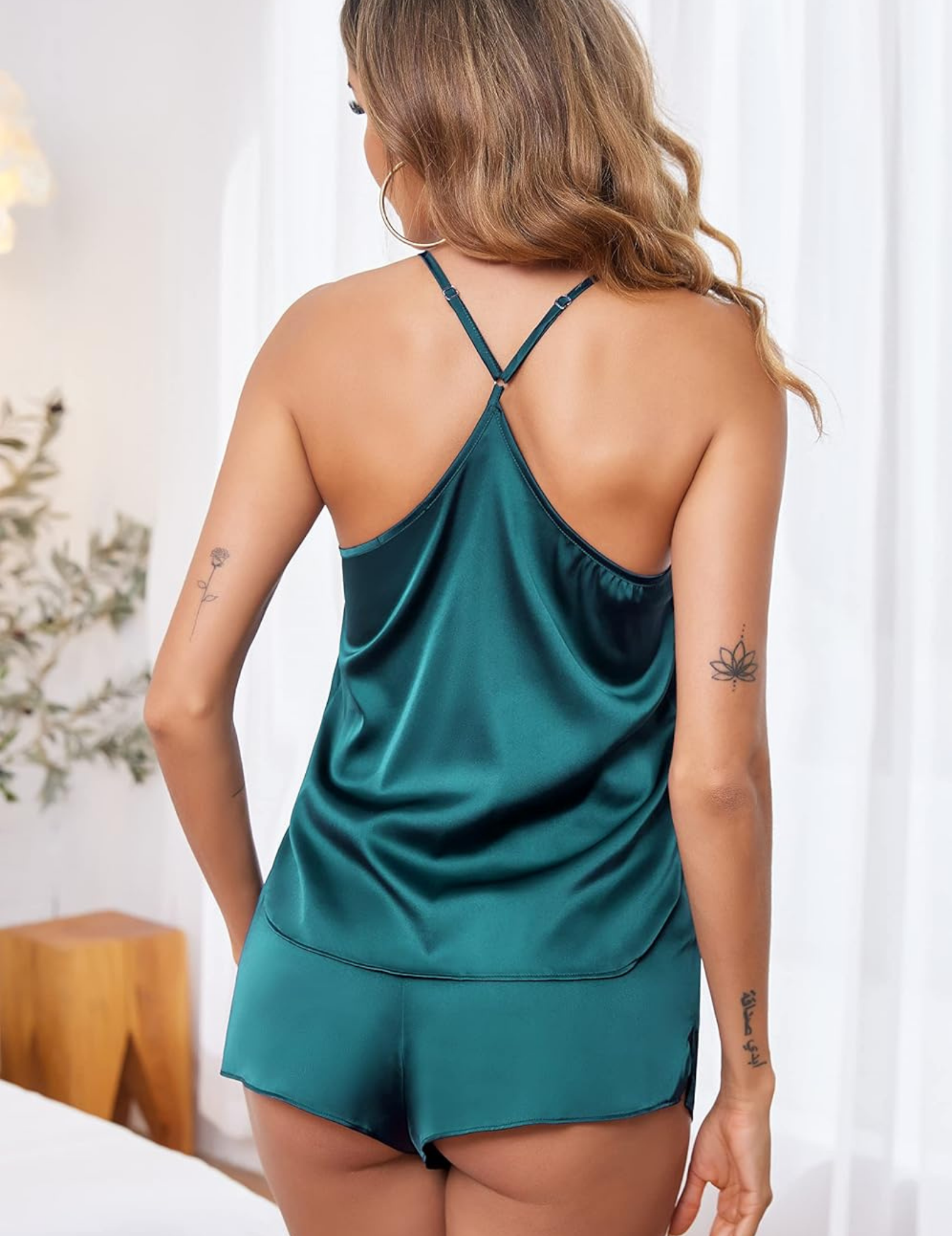 Women's Satin Shorts Set, Cami Top with Shorts, Adjustable Straps