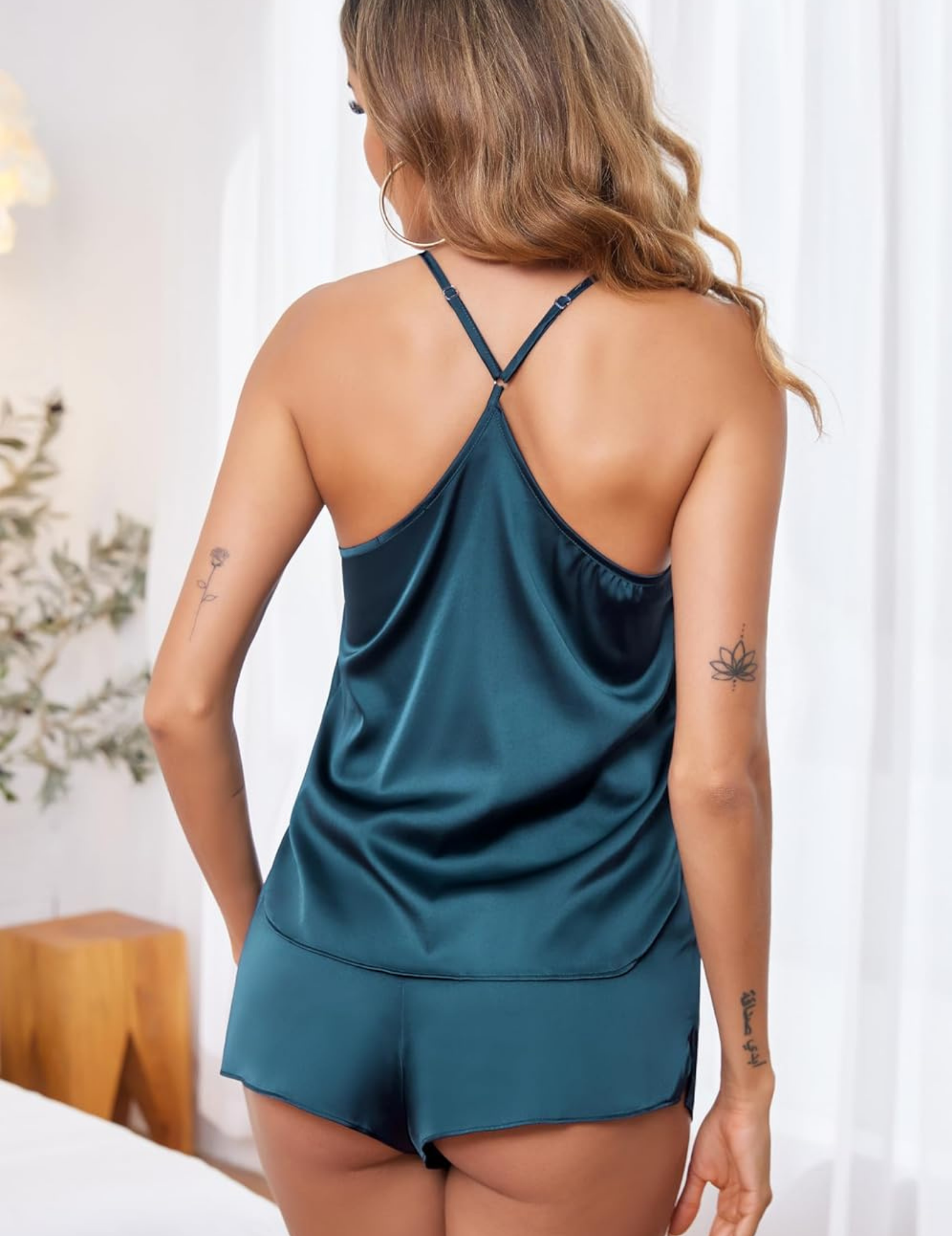Women's Satin Shorts Set, Cami Top with Shorts, Adjustable Straps