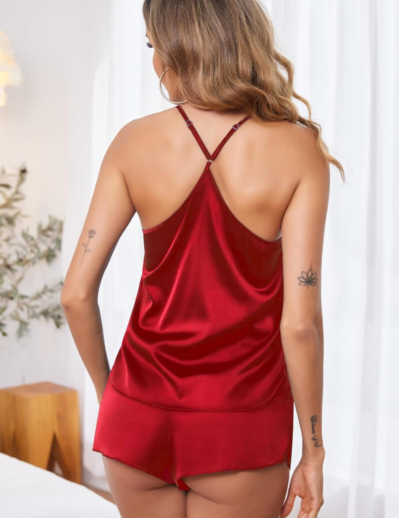 Women's Satin Shorts Set, Cami Top with Shorts, Adjustable Straps