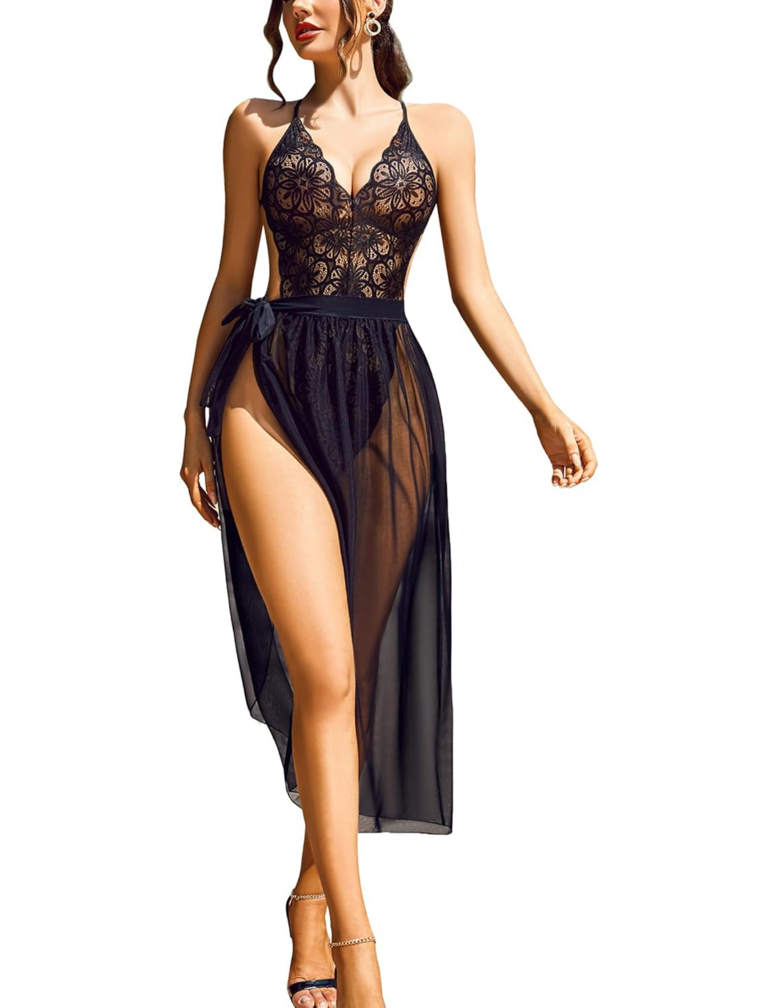 Elegant Lace Bodysuit with Sheer Wrap Skirt, V-Neck Design