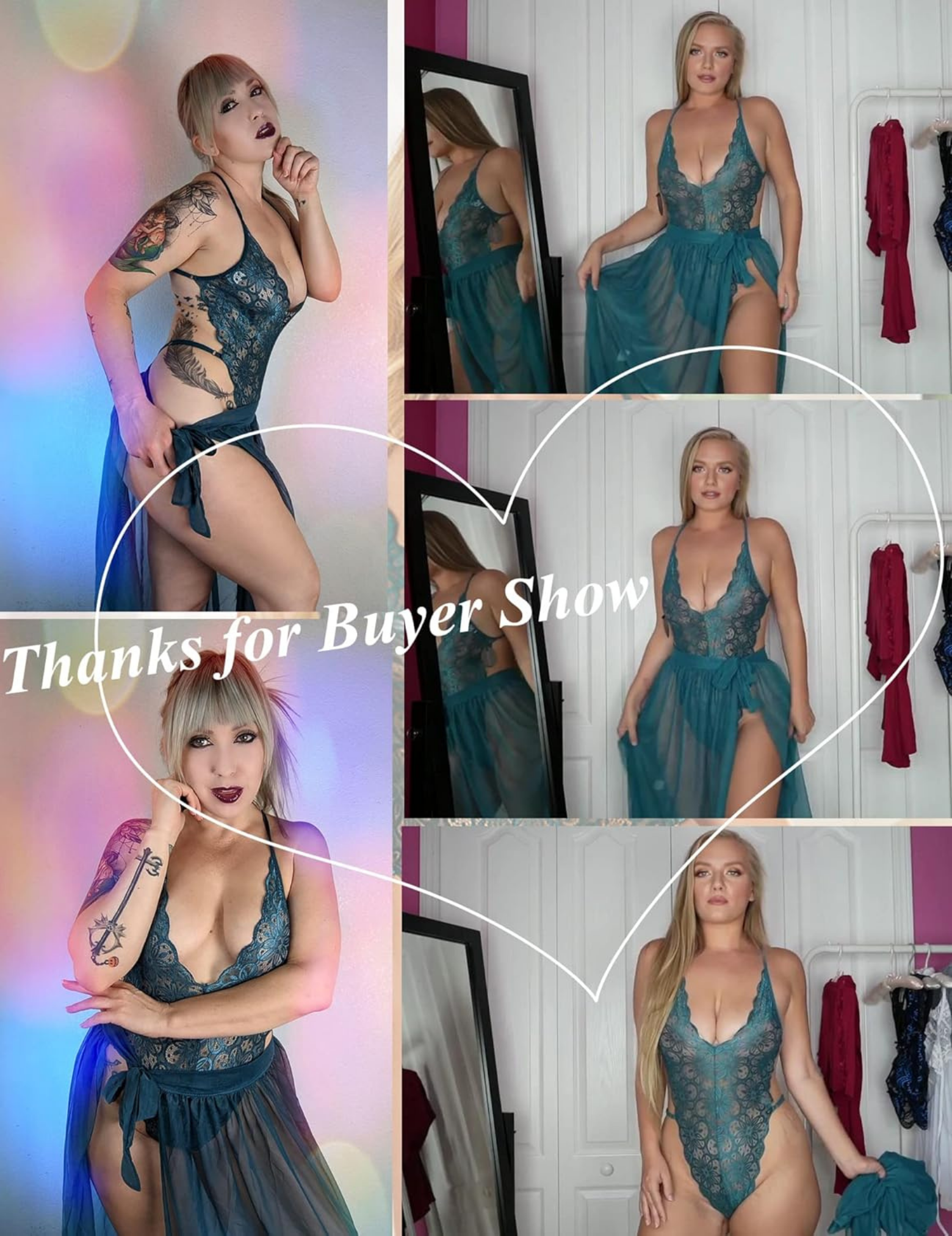 Elegant Lace Bodysuit with Sheer Wrap Skirt, V-Neck Design