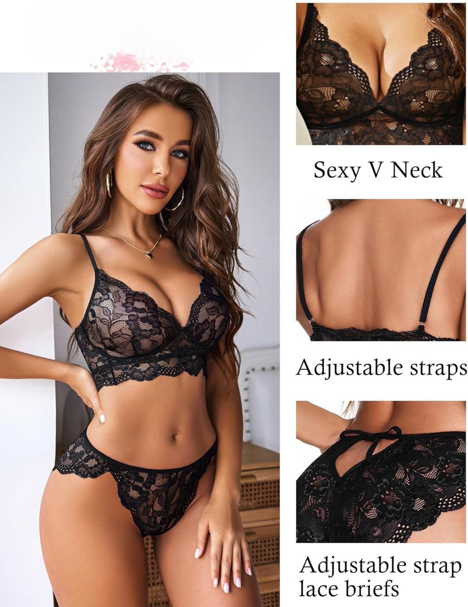Women's Floral Lace Lingerie Set with V-Neck, Adjustable Straps, 2-Piece