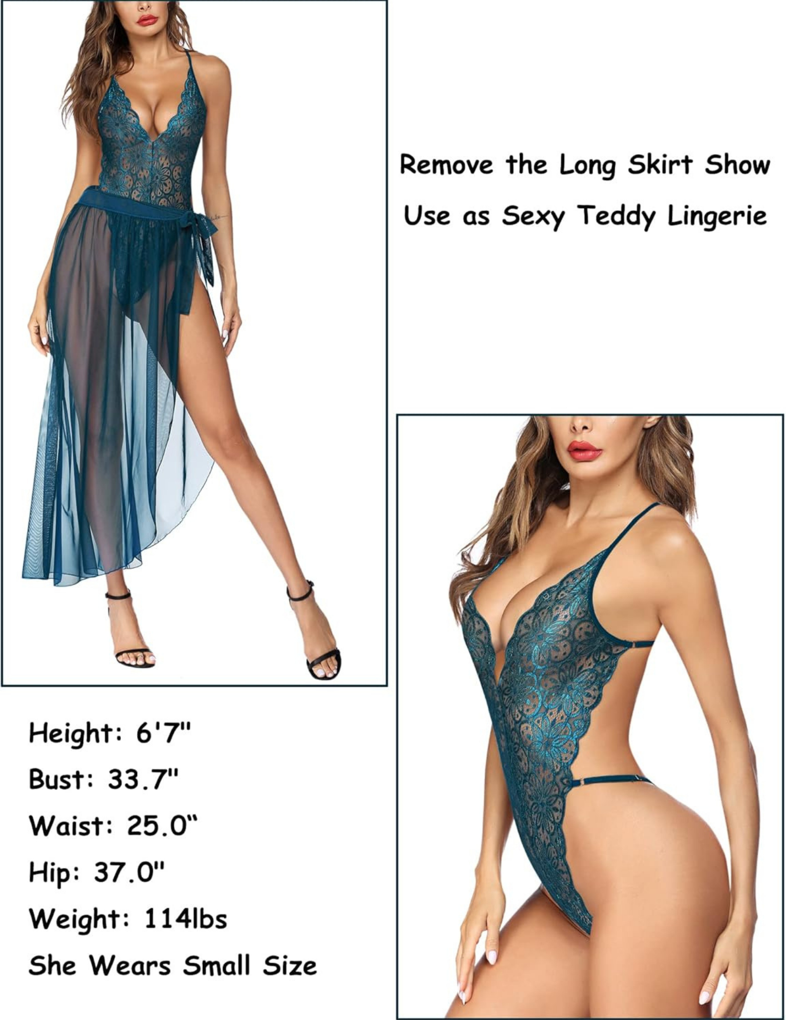 Elegant Lace Bodysuit with Sheer Wrap Skirt, V-Neck Design