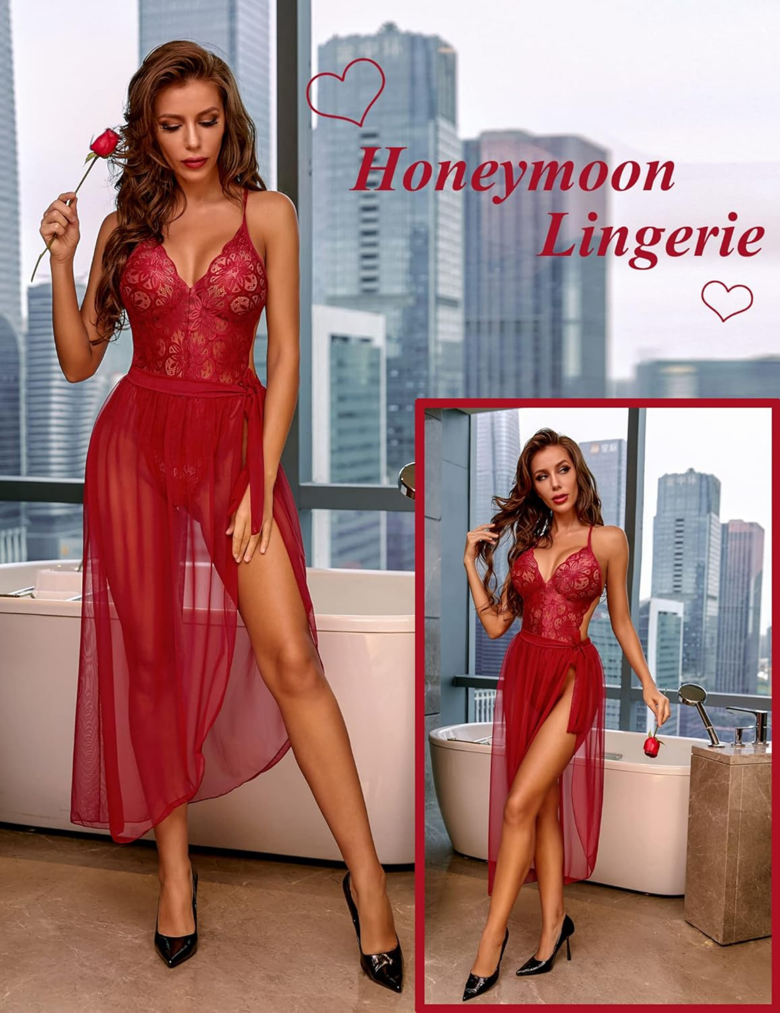 Elegant Lace Bodysuit with Sheer Wrap Skirt, V-Neck Design