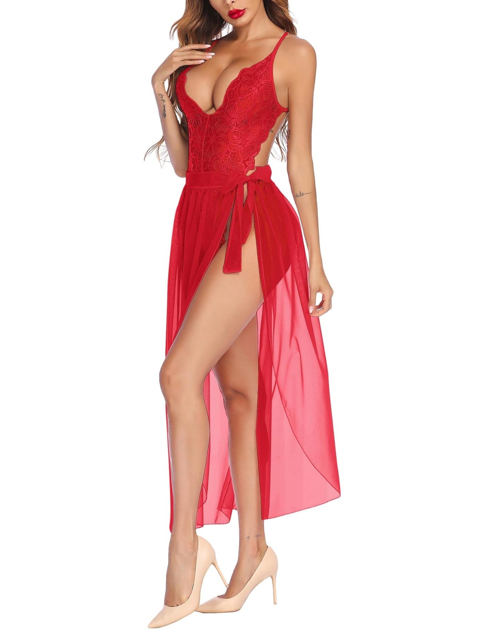 Elegant Lace Bodysuit with Sheer Wrap Skirt, V-Neck Design