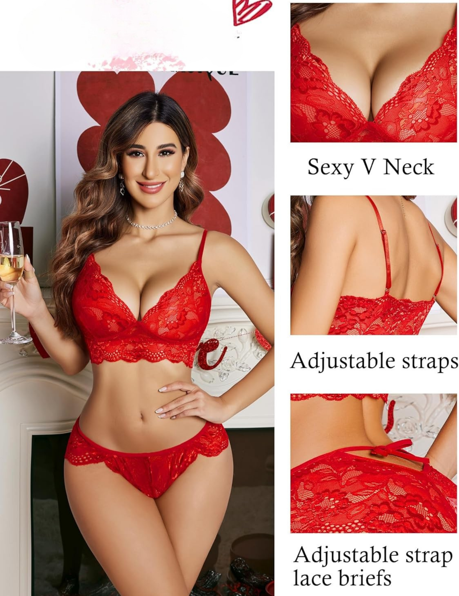 Women's Floral Lace Lingerie Set with V-Neck, Adjustable Straps, 2-Piece