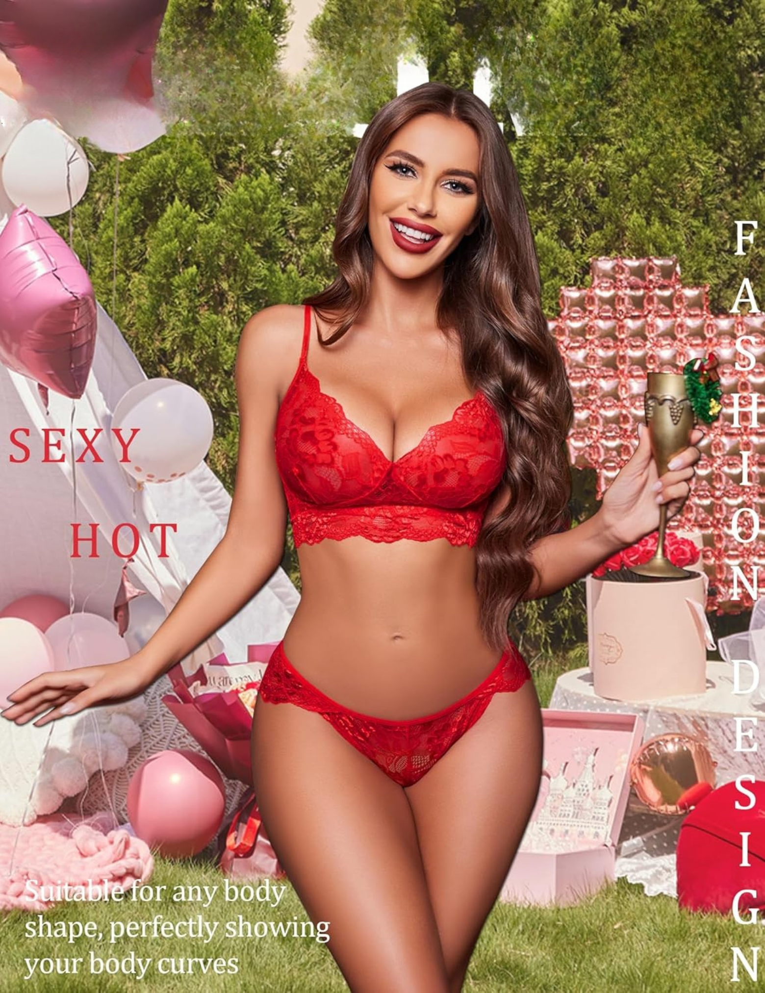 Women's Floral Lace Lingerie Set with V-Neck, Adjustable Straps, 2-Piece