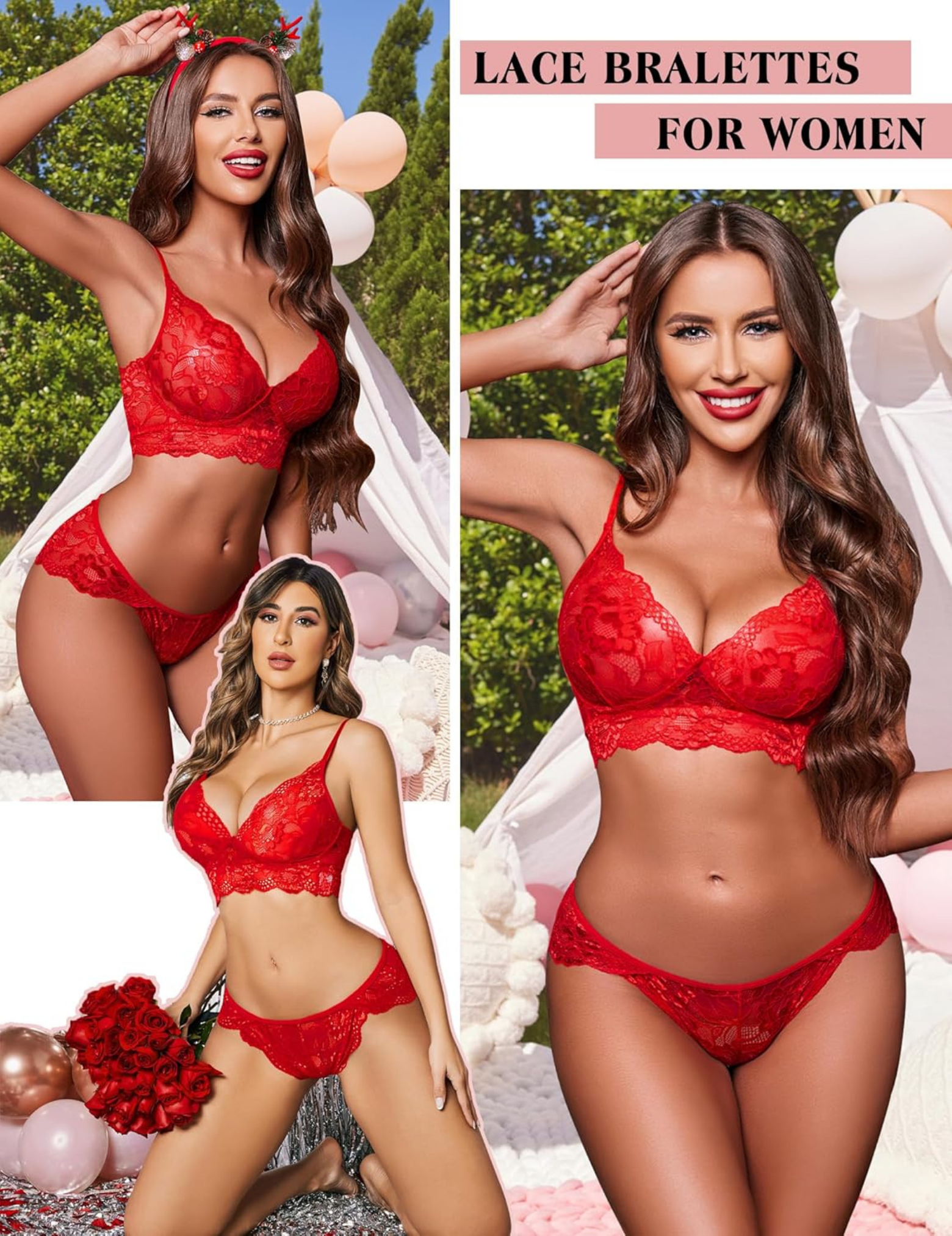 Women's Floral Lace Lingerie Set with V-Neck, Adjustable Straps, 2-Piece