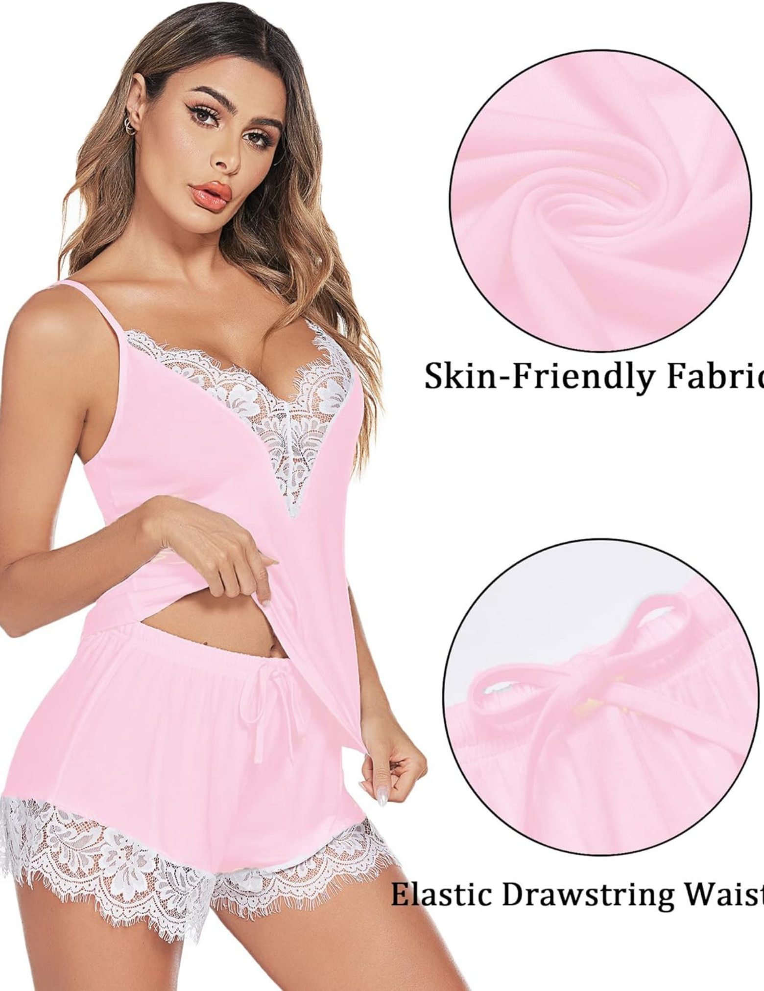 Women's Lace-Trimmed Shorts Set, Camisole and Shorts with Adjustable Straps, Elastic Drawstring Waist