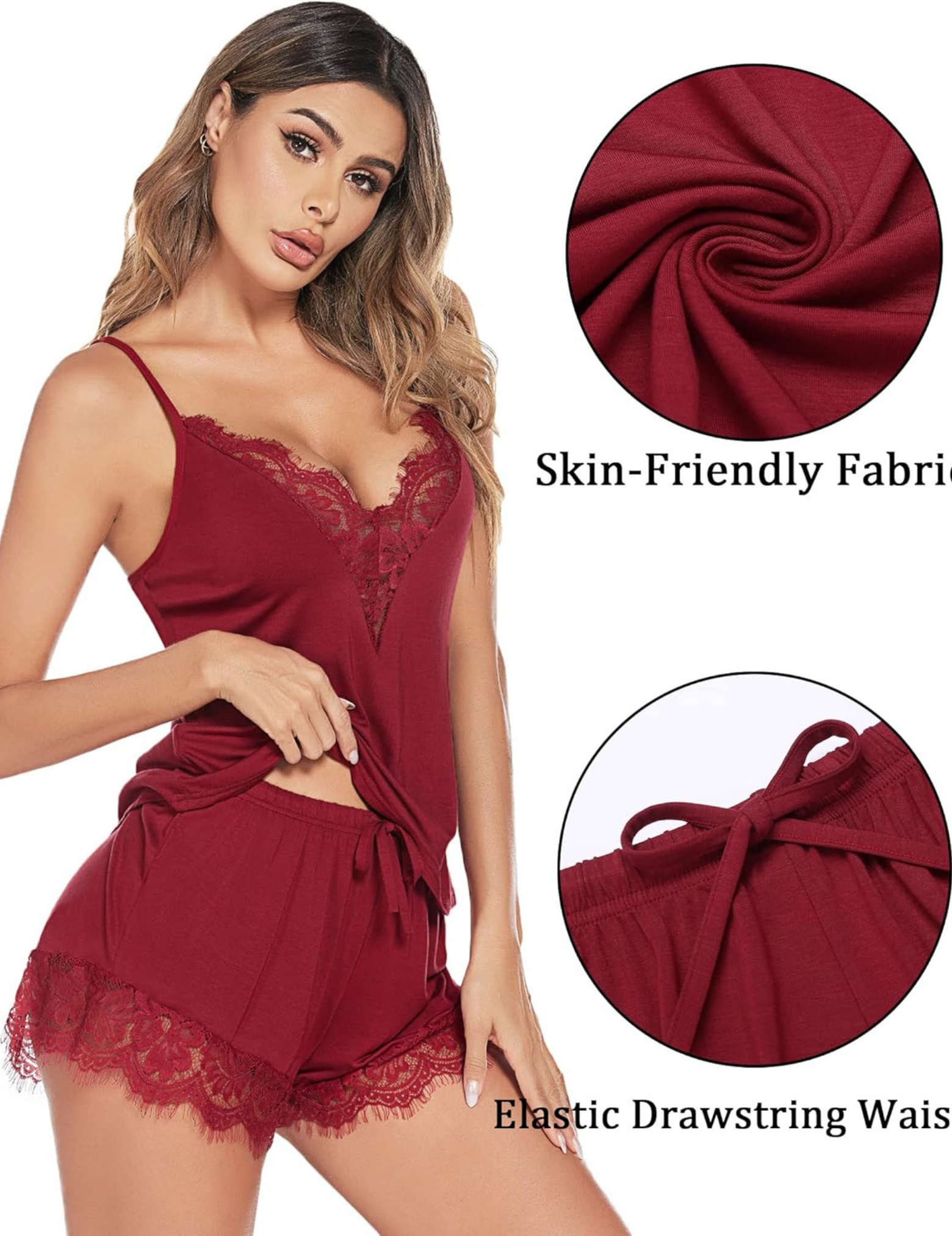 Women's Lace-Trimmed Shorts Set, Camisole and Shorts with Adjustable Straps, Elastic Drawstring Waist