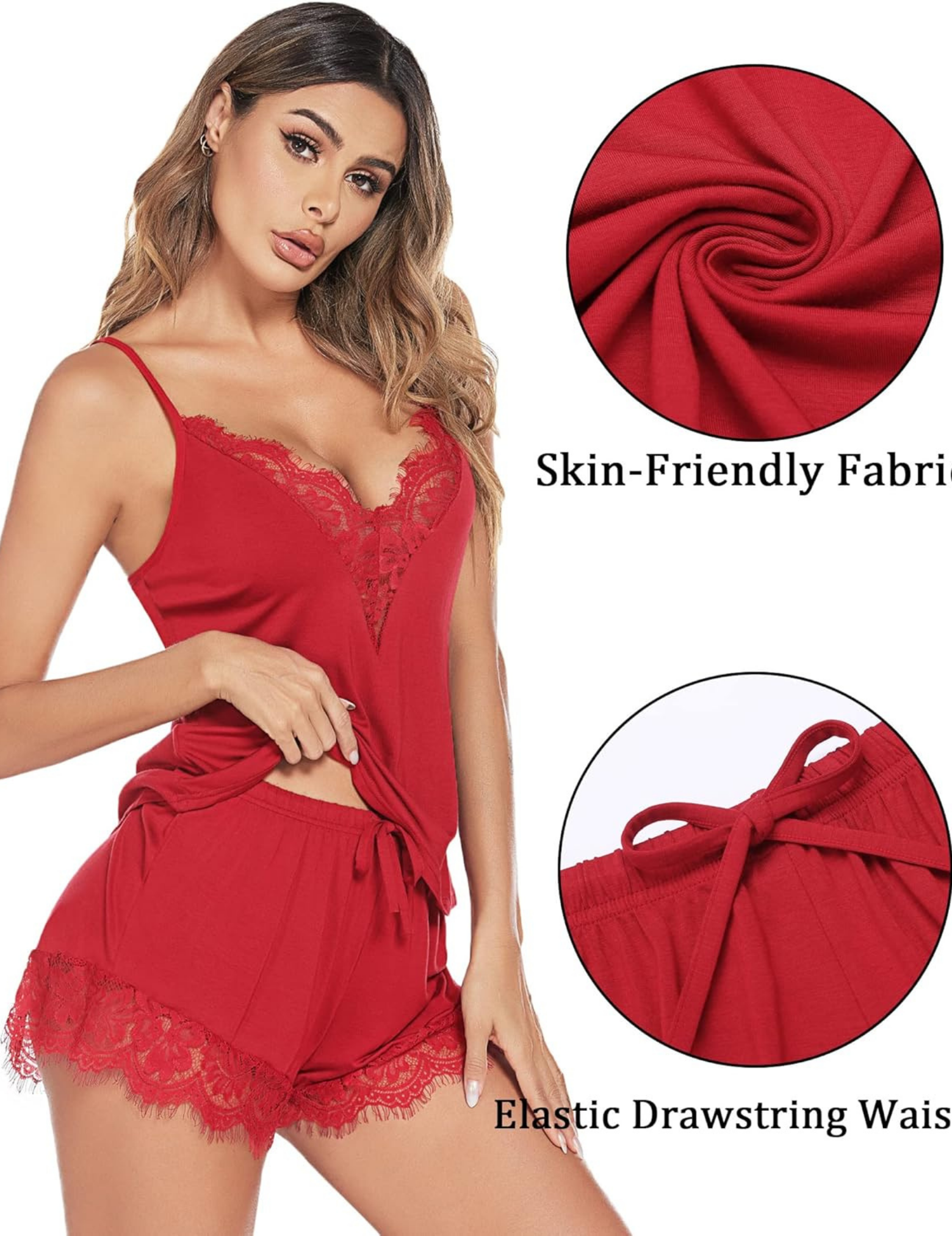 Women's Lace-Trimmed Shorts Set, Camisole and Shorts with Adjustable Straps, Elastic Drawstring Waist