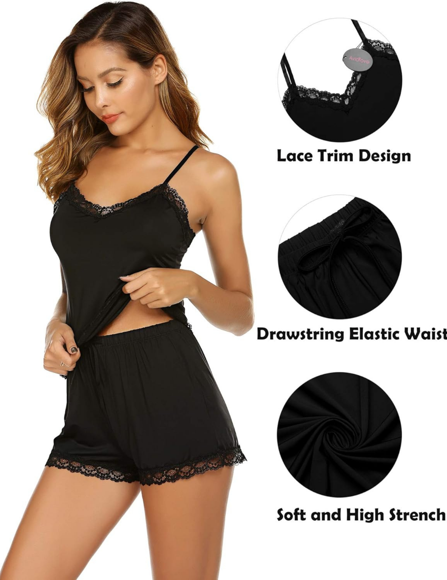 Women's Satin Cami and Shorts Sleepwear Set with Lace Trim, Drawstring Elastic Waist
