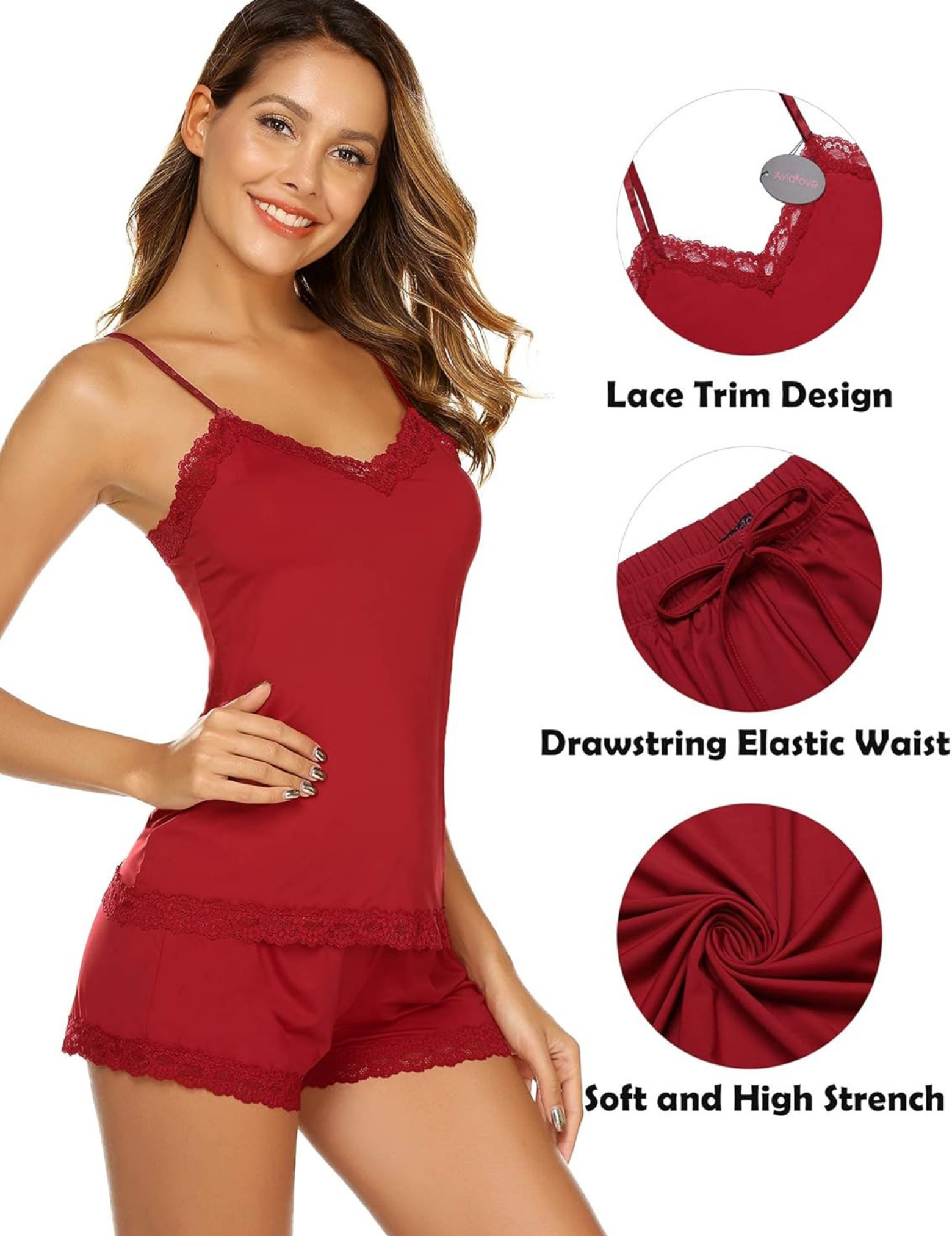 Women's Satin Cami and Shorts Sleepwear Set with Lace Trim, Drawstring Elastic Waist