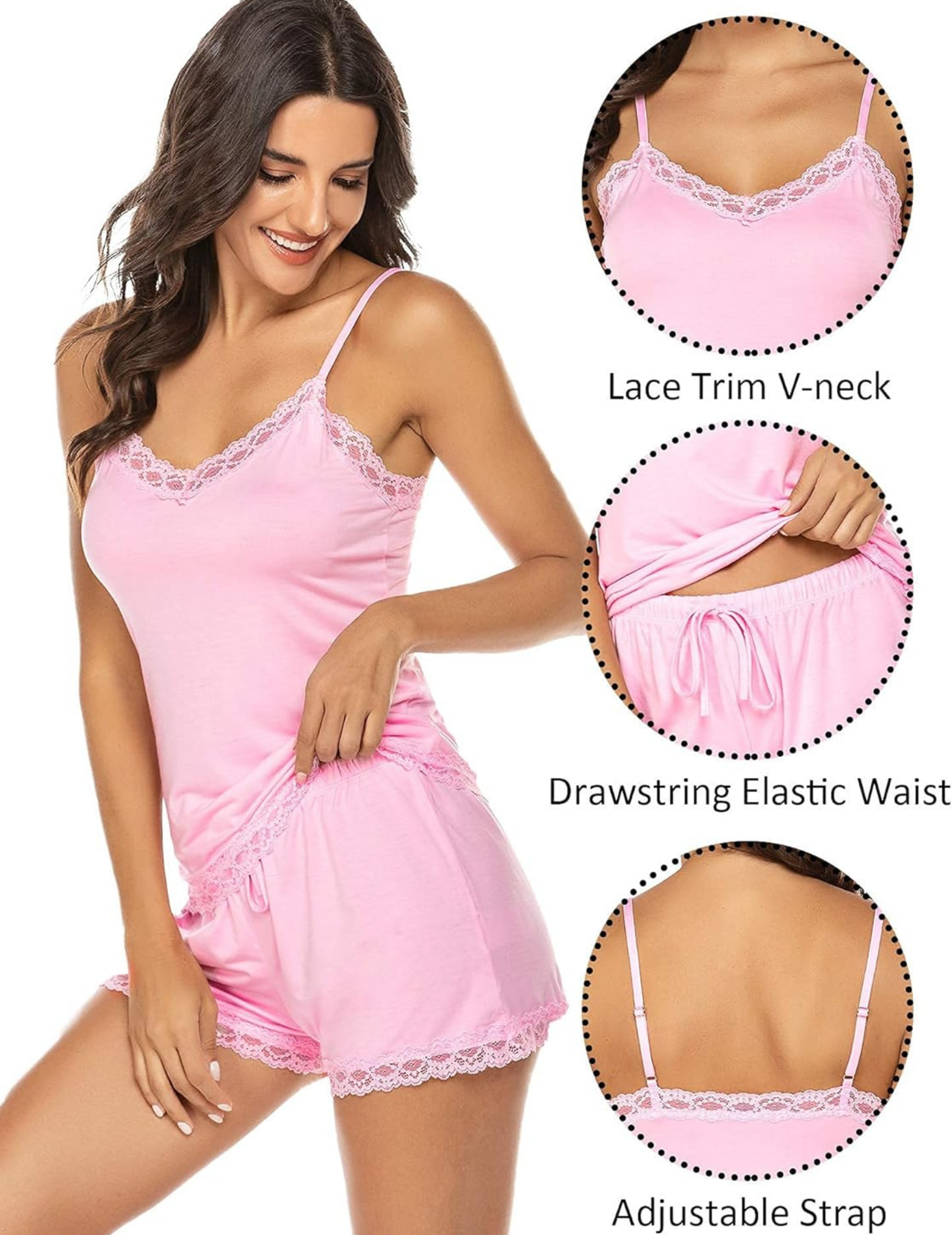 Women's Satin Cami and Shorts Sleepwear Set with Lace Trim, Drawstring Elastic Waist