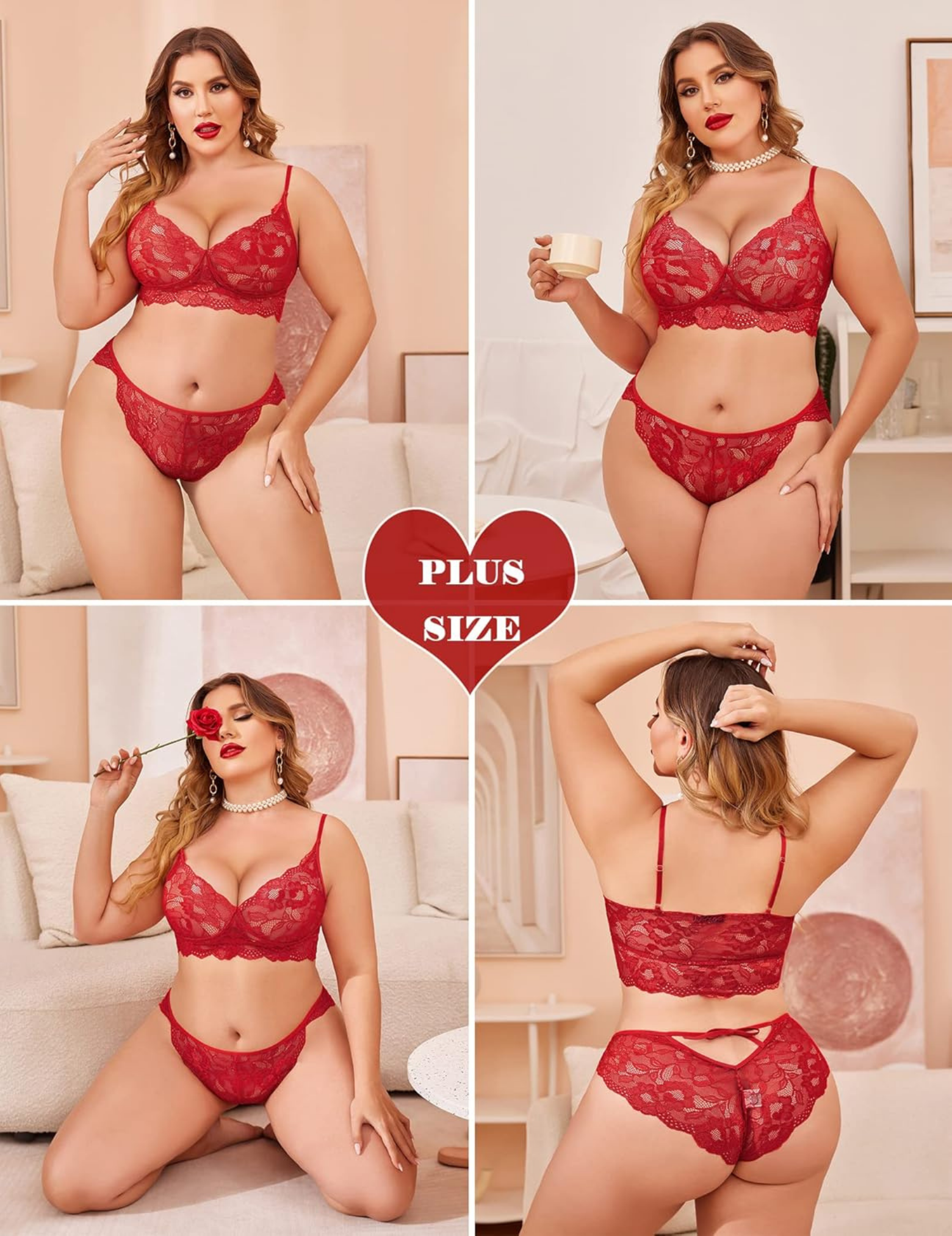 Women's Floral Lace Lingerie Set with V-Neck, Adjustable Straps, 2-Piece