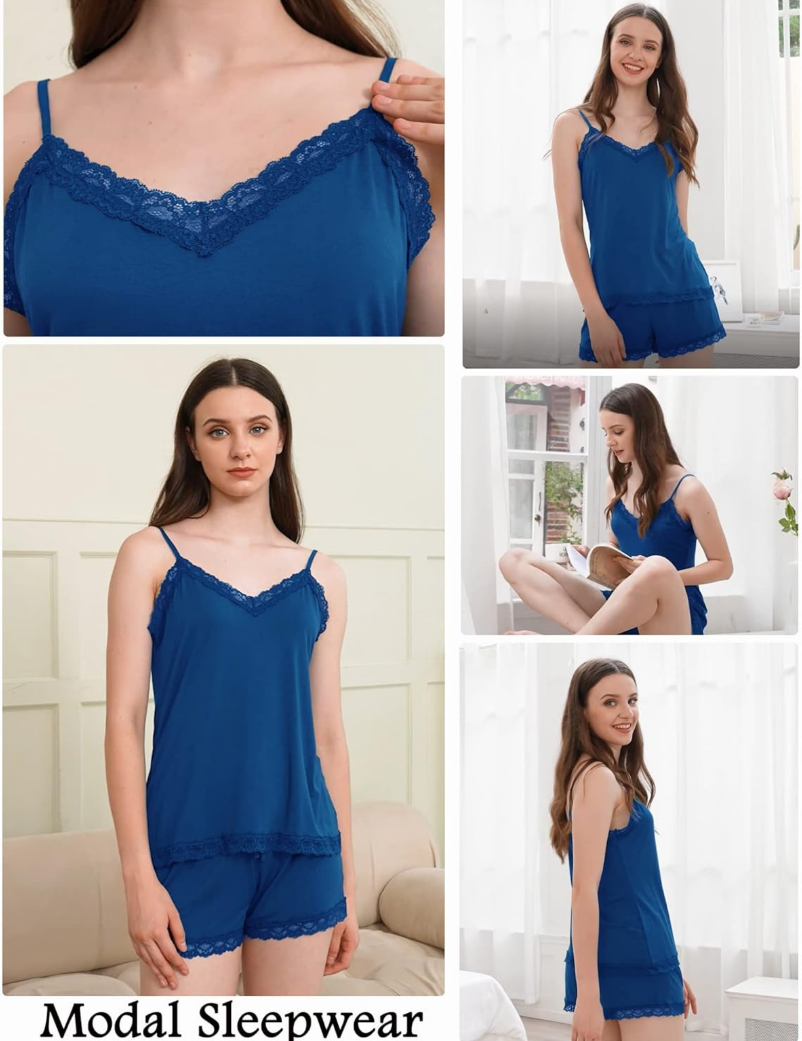 Women's Satin Cami and Shorts Sleepwear Set with Lace Trim, Drawstring Elastic Waist