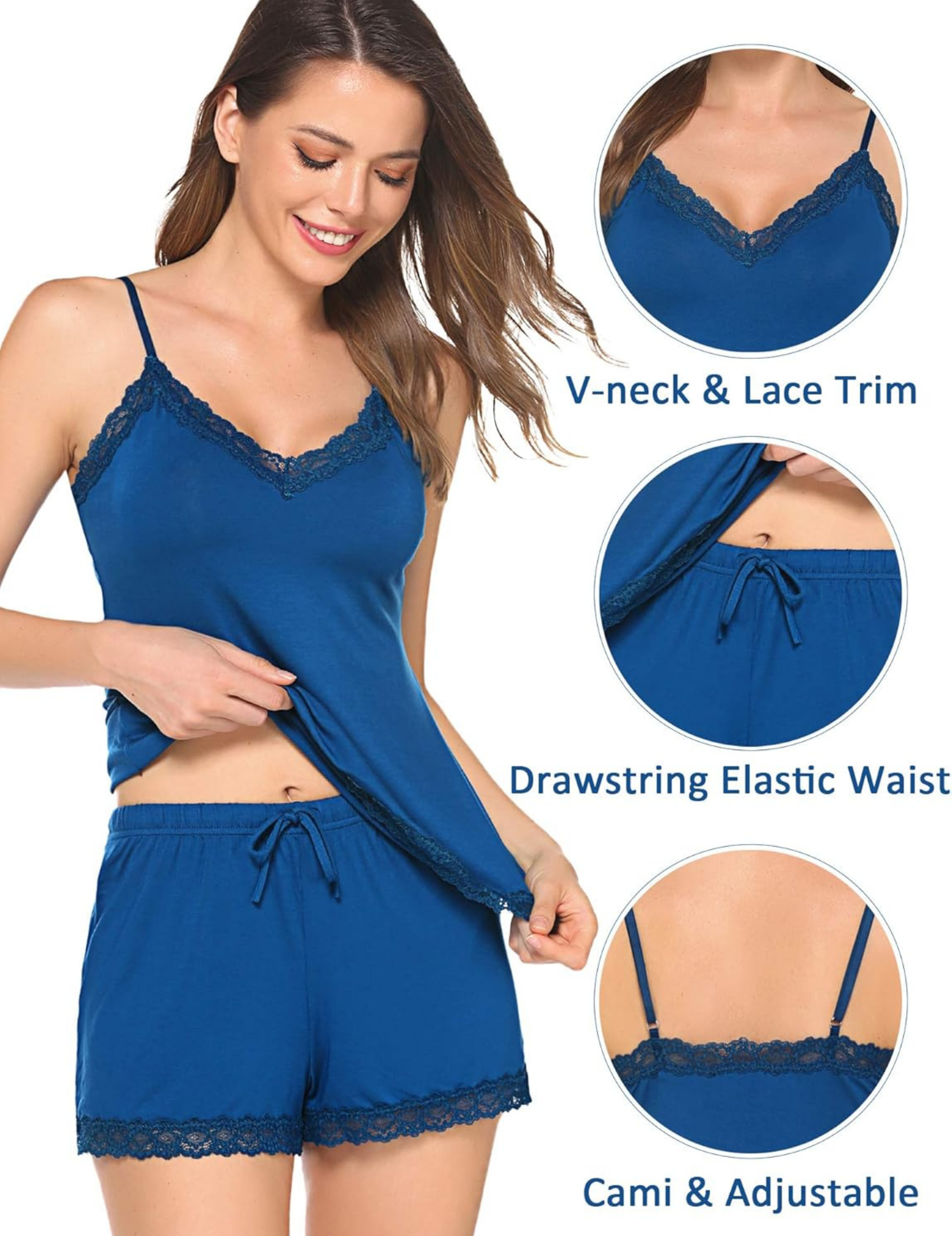 Women's Satin Cami and Shorts Sleepwear Set with Lace Trim, Drawstring Elastic Waist