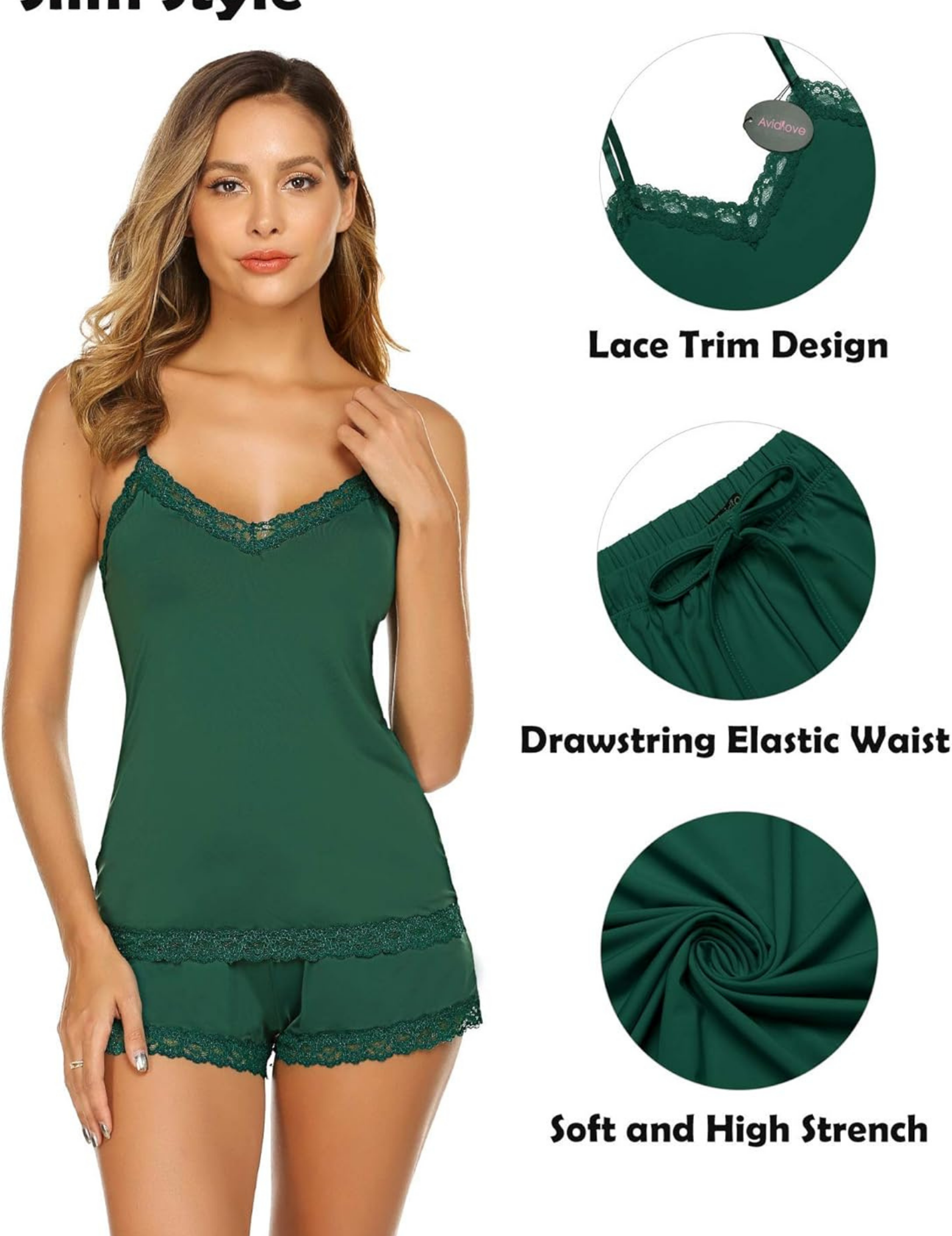Women's Satin Cami and Shorts Sleepwear Set with Lace Trim, Drawstring Elastic Waist