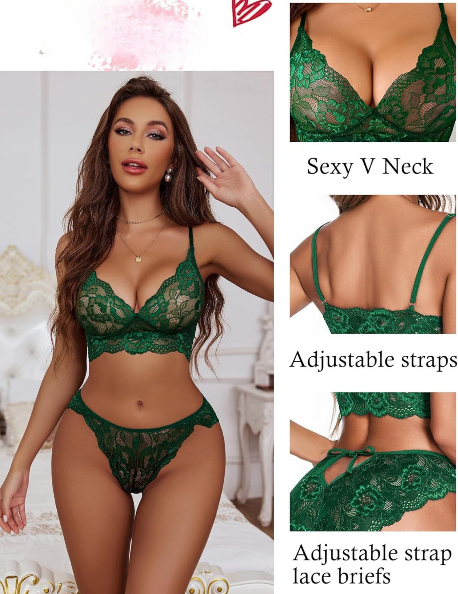 Women's Floral Lace Lingerie Set with V-Neck, Adjustable Straps, 2-Piece