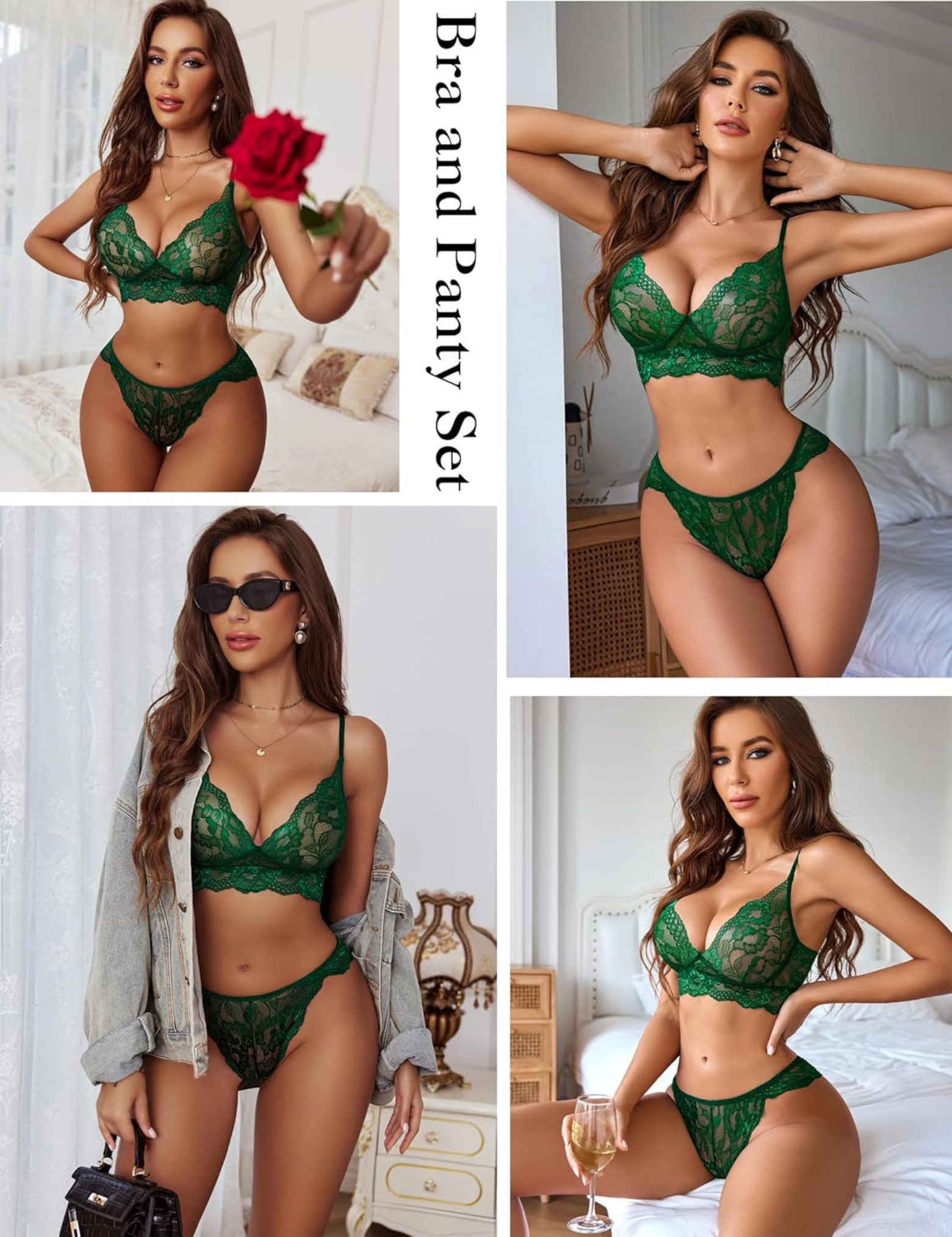 Women's Floral Lace Lingerie Set with V-Neck, Adjustable Straps, 2-Piece