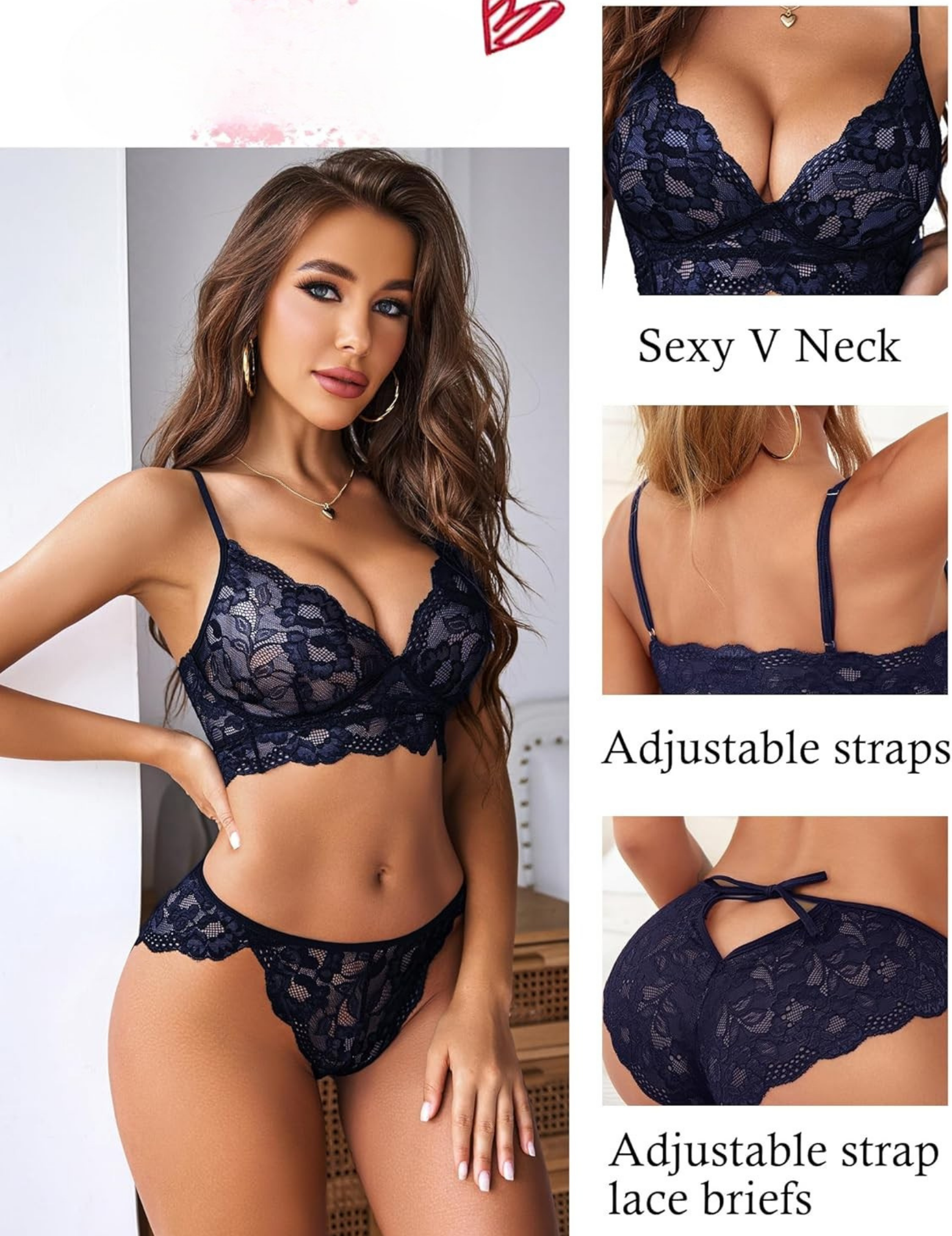 Women's Floral Lace Lingerie Set with V-Neck, Adjustable Straps, 2-Piece