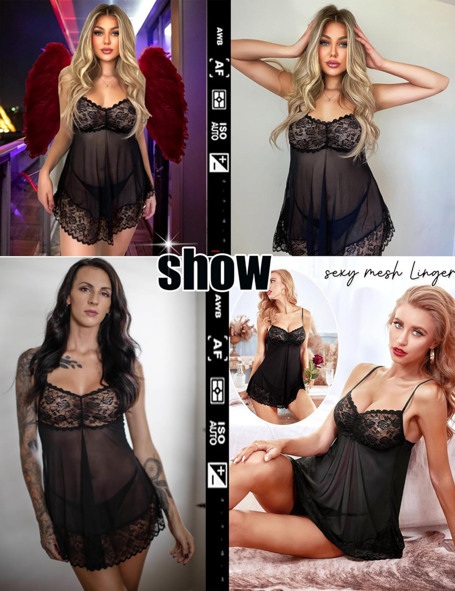 Elegant Black Lace Chemise, Sheer Mesh Babydoll Nightwear with Floral Lace Trim