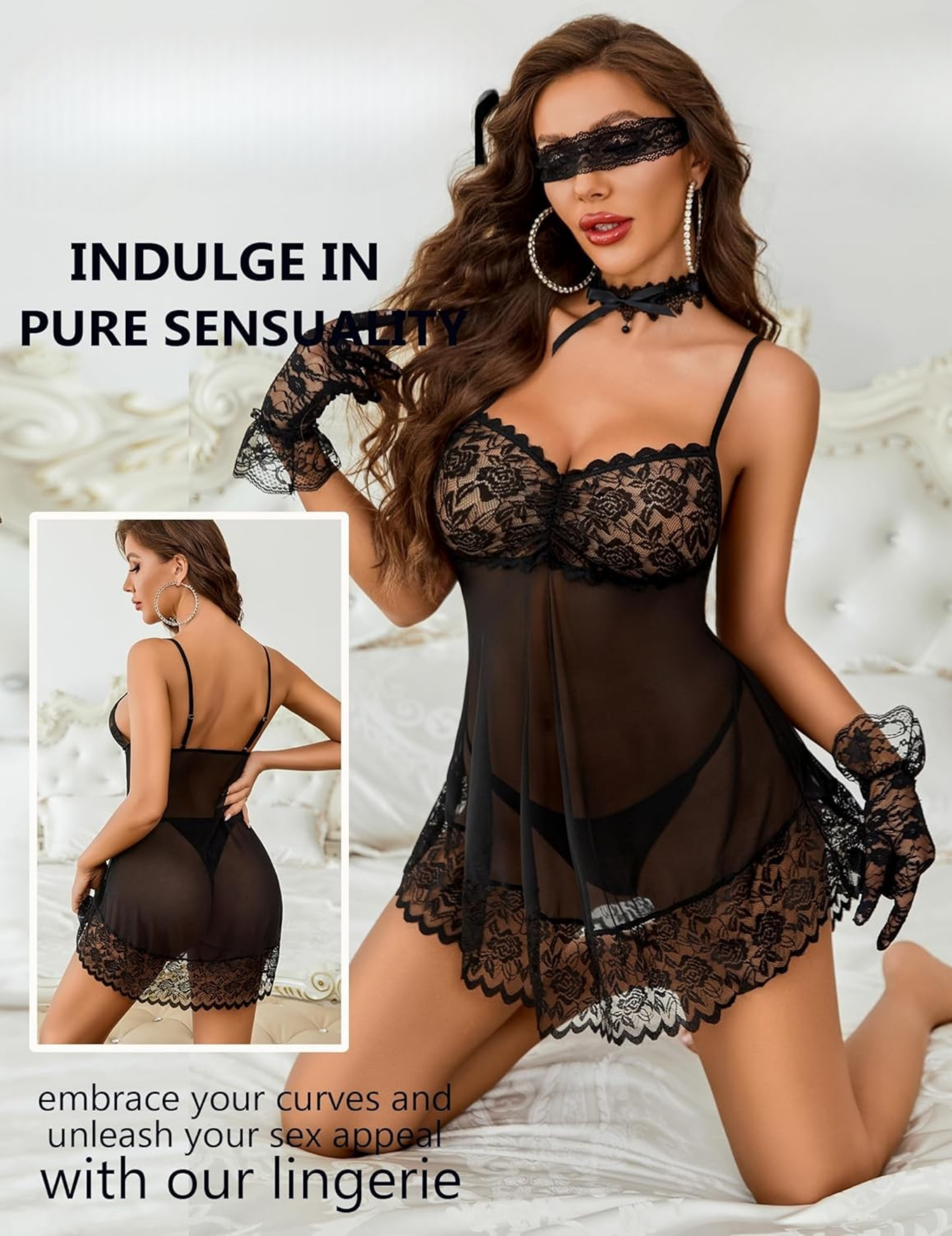 Elegant Black Lace Chemise, Sheer Mesh Babydoll Nightwear with Floral Lace Trim
